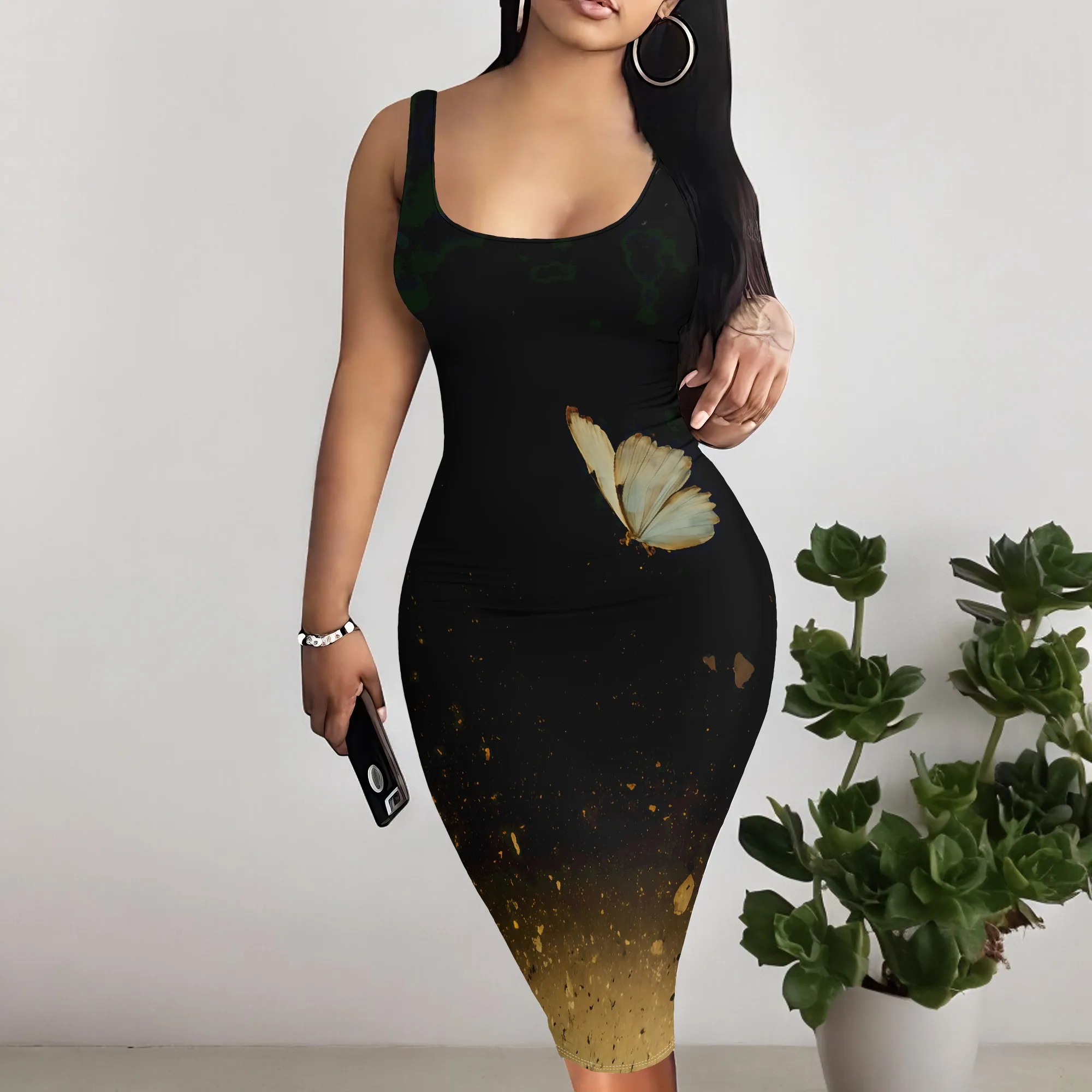 

Women's Butterfly Print Bodycon Dress | Elegant Sleeveless Golden Splash Ink Midi Dress S-3XL