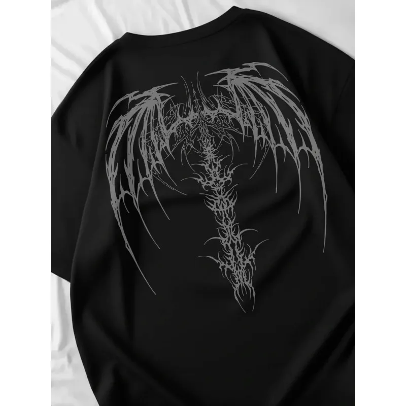 Unisex Oversize T‑Shirt Back Demon Skeleton Wings Print Loose Short Sleeve Gothic Death Metal Y2K Streetwear Cotton Tees