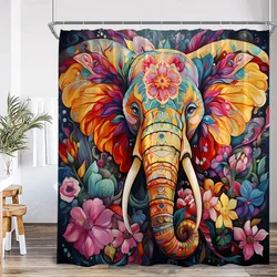 Elephant Boho Shower Curtain Mandala Colorful Flower Doodle Wild Animal Art Bathroom Decior Ethnic Indian Bath Curtain with Hook