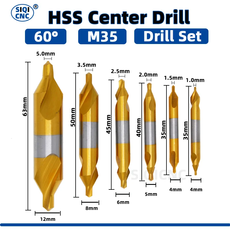 HSS Combined Center Drills Ti-Coated 60 Degree Countersinks Angle Bit Set 6pcs 1.0-5mm Metal Centering Dril Bit Lathe W6542 M35