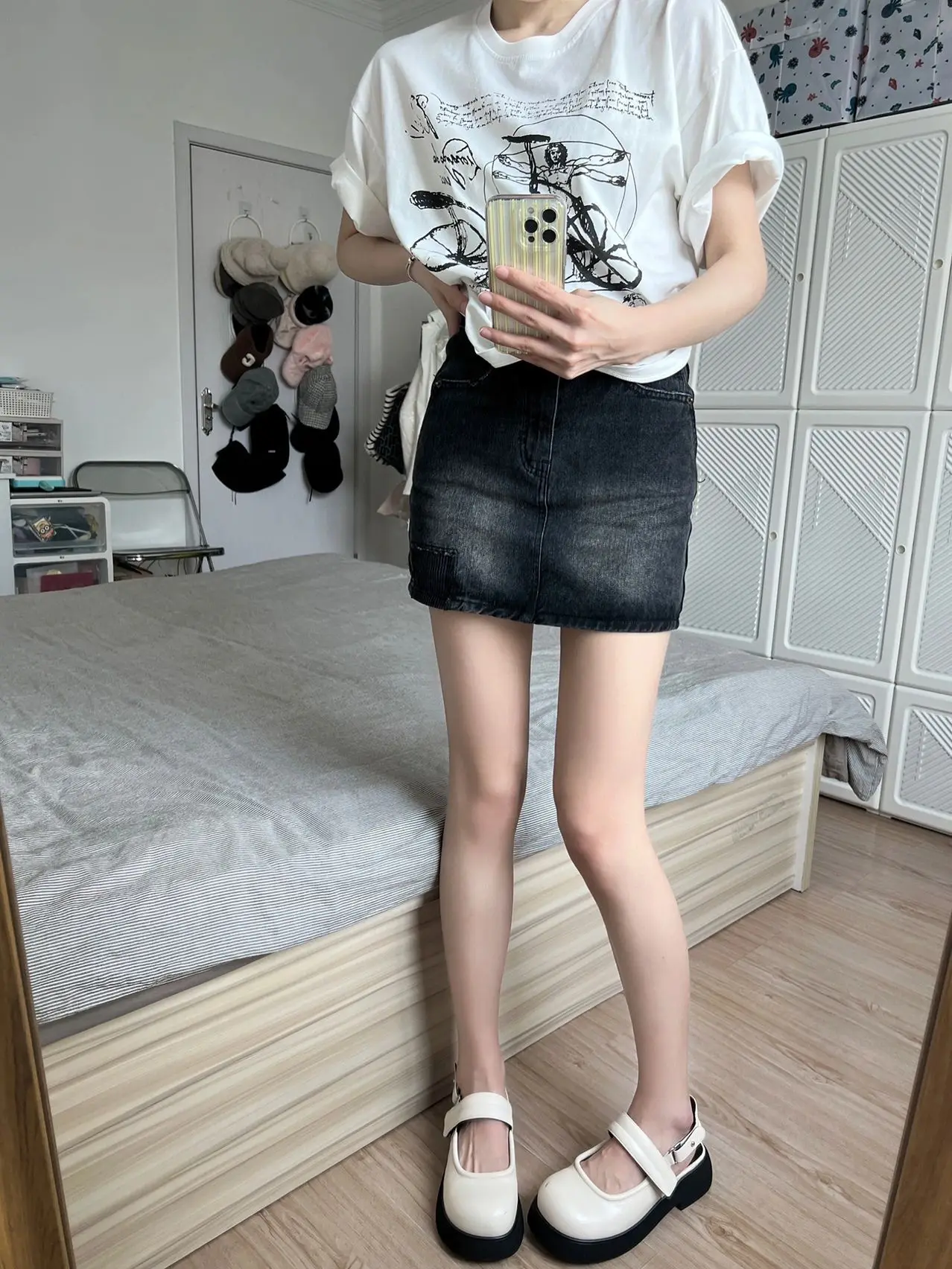 

Ретро джинсовая юбка с высокой талией для женщин больших размеров, скрывающая бедра, А-силуэт, короткая, летняя, для повседневной носки, в корейском стиле