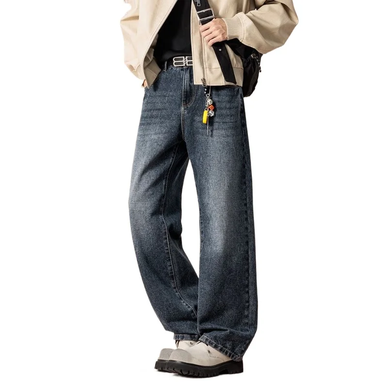 กางเกงยีนส์ฮิปฮอปสไตล์อเมริกันคลาสสิกสำหรับผู้ชาย ทรงขาบาน ขาตรง ทรงหลวมสไตล์เรโทร กางเกงยีนส์โอเวอร์ไซส์สำหรับวัยรุ่น
