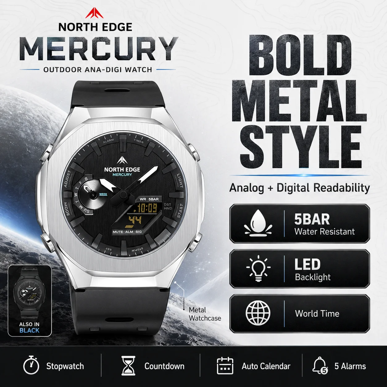 

NORTH EDGE MERCURY Men Digital Watch Rugged Waterproof Stopwatch LED Backlight for Cycling Walking Daily Activity Reloj Hombre