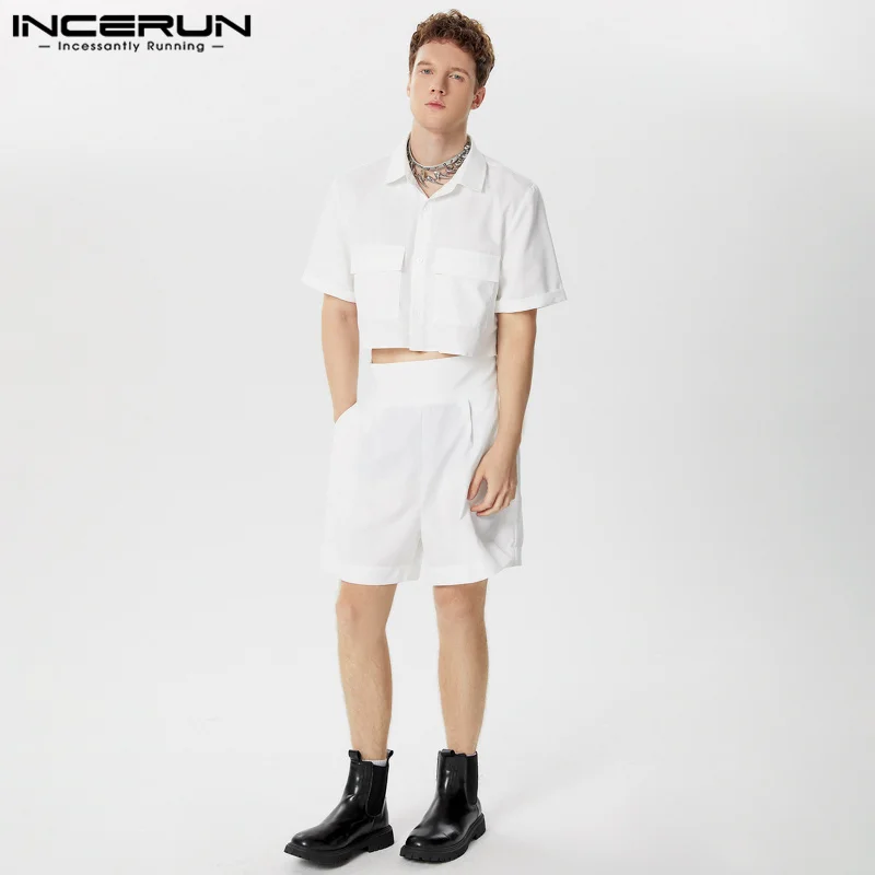 INCERUN Men Sets Solid Color Lapel Short Sleeve Shirt & Shorts Two Pieces Sets 2024 Summer Streetwear Fashion Men Casual Suits