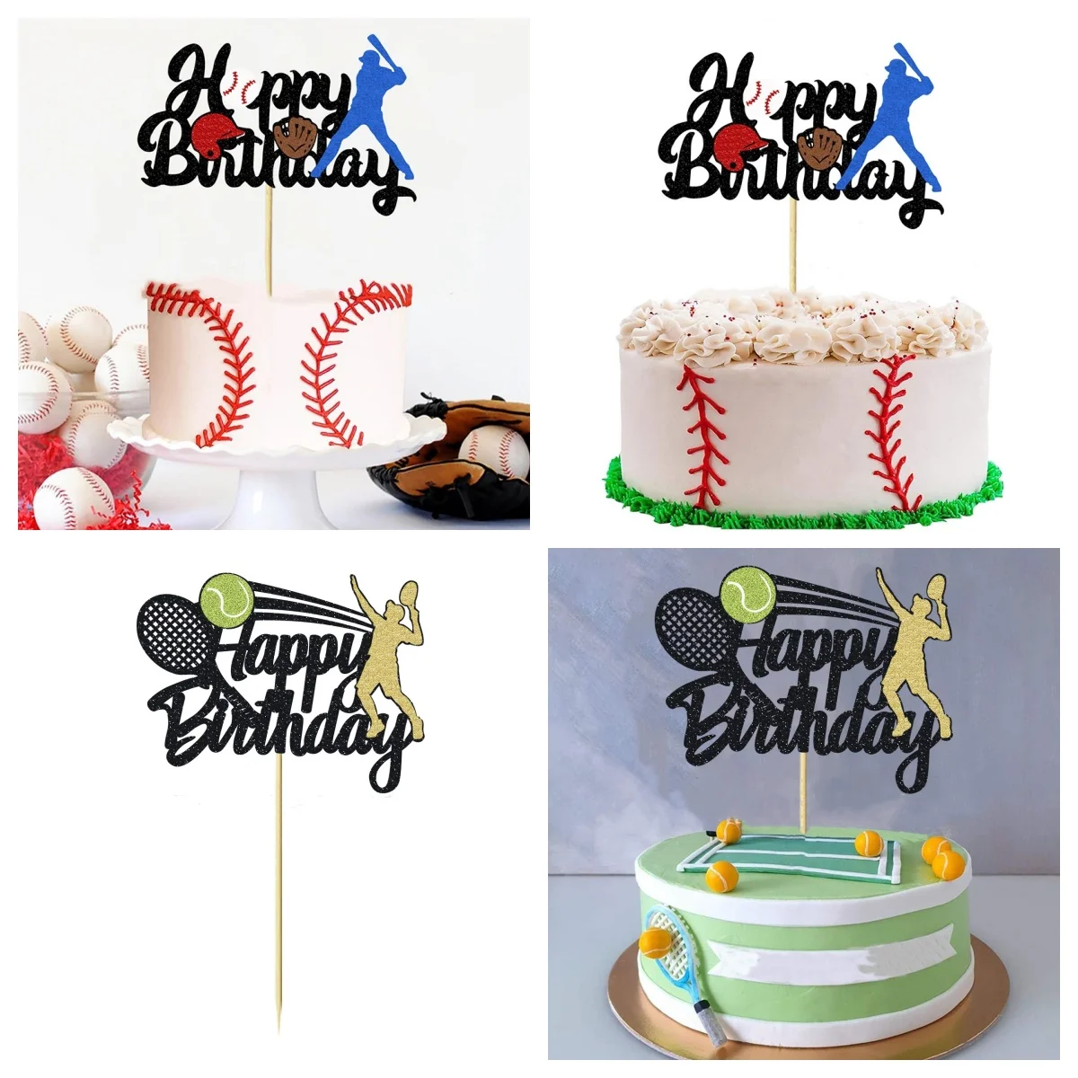 Cake Topper Baseball Tennis Racket Happy Birthday Sports Kids Boy Man Party Baby Shower Cupcake Decoration Baking Supplies DIY