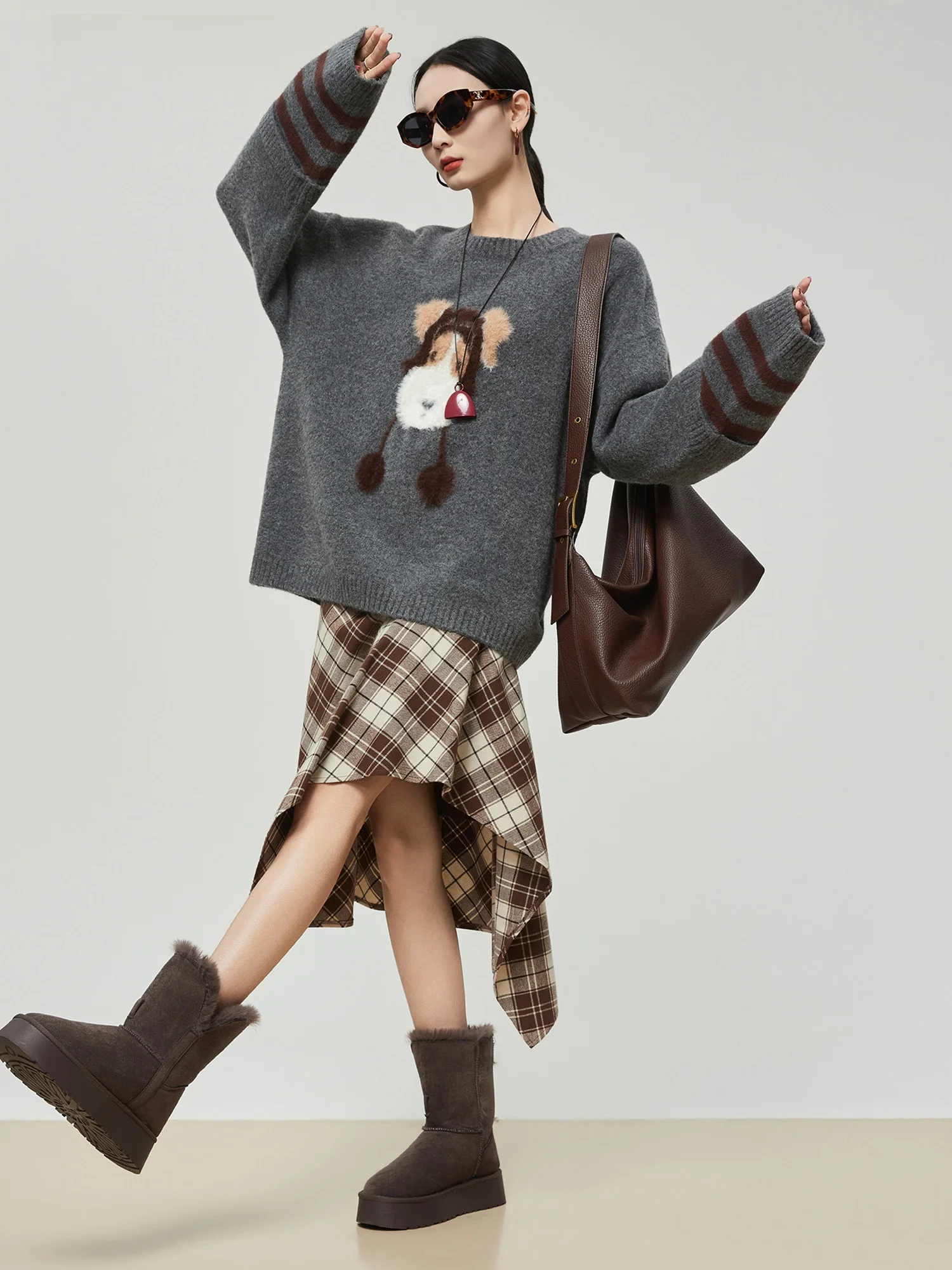 

Loose Long Sve Women's Knitted Sweater ey Hat Dog Fake Two-Piece round Ne Overhead Top Casual Comfortable Inner Wear