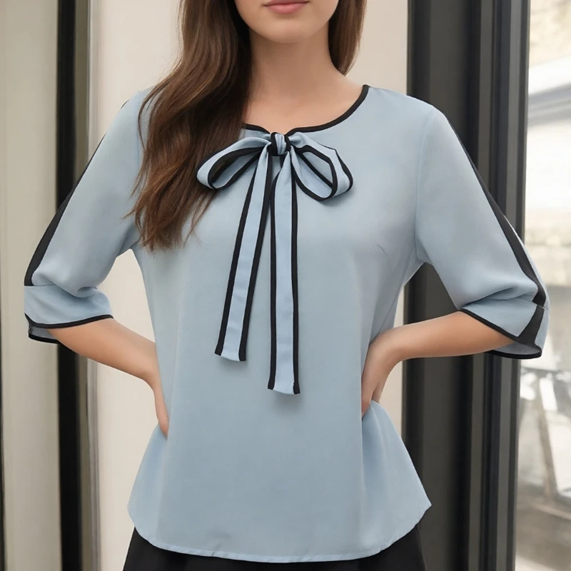 

Elegant Bow Lace-up Spring and Summer Women's Short-sleeved Chiffon Shirt Stitching Elegant Slim Fit Casual Blouse Fashion Top