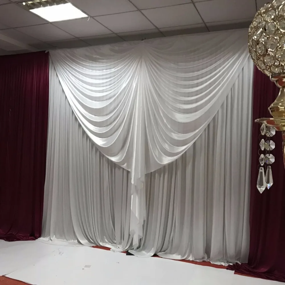 

3m X 3m New Arrive Ice Silk Pleated Backdrop With Big Swag at Middle Burgundy Wedding Drape Decoration Curtains Background