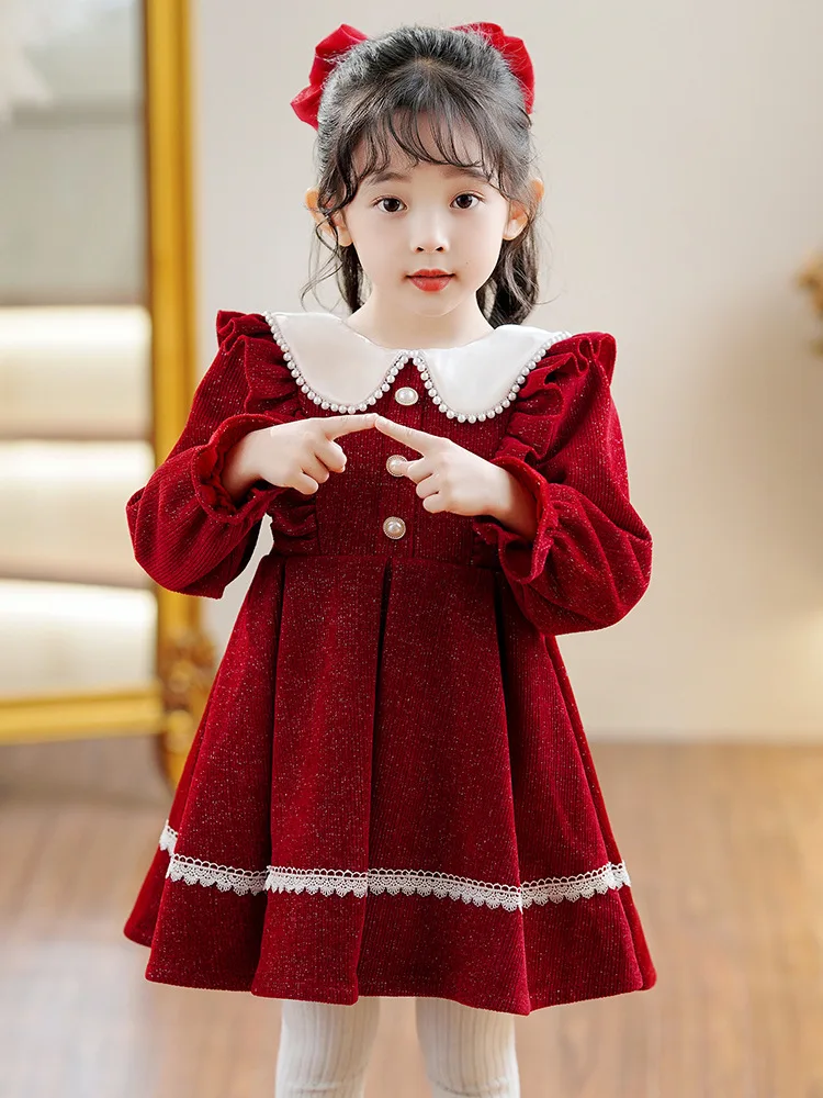 2024 New Cute Girls\' Princess Dress Spring Autumn Korean Children\'s Girls Peter Pan Collar A-line Party Dresses for Birthday