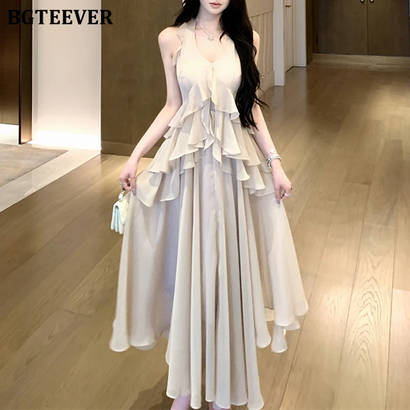 

BGTEEVER Fashion V-neck Slim Waist Ruffles Women A-line Dress Spring Summer Elegant Ladies Sleeveless Irregular Dress