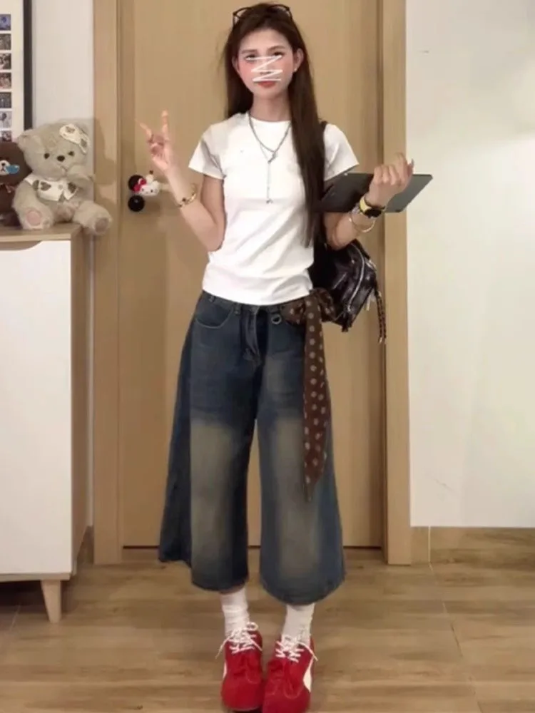 

Широкие джинсы с высокой талией, женские осенние джинсы больших размеров, свободные утягивающие джинсы с высокой талией, прямой крой