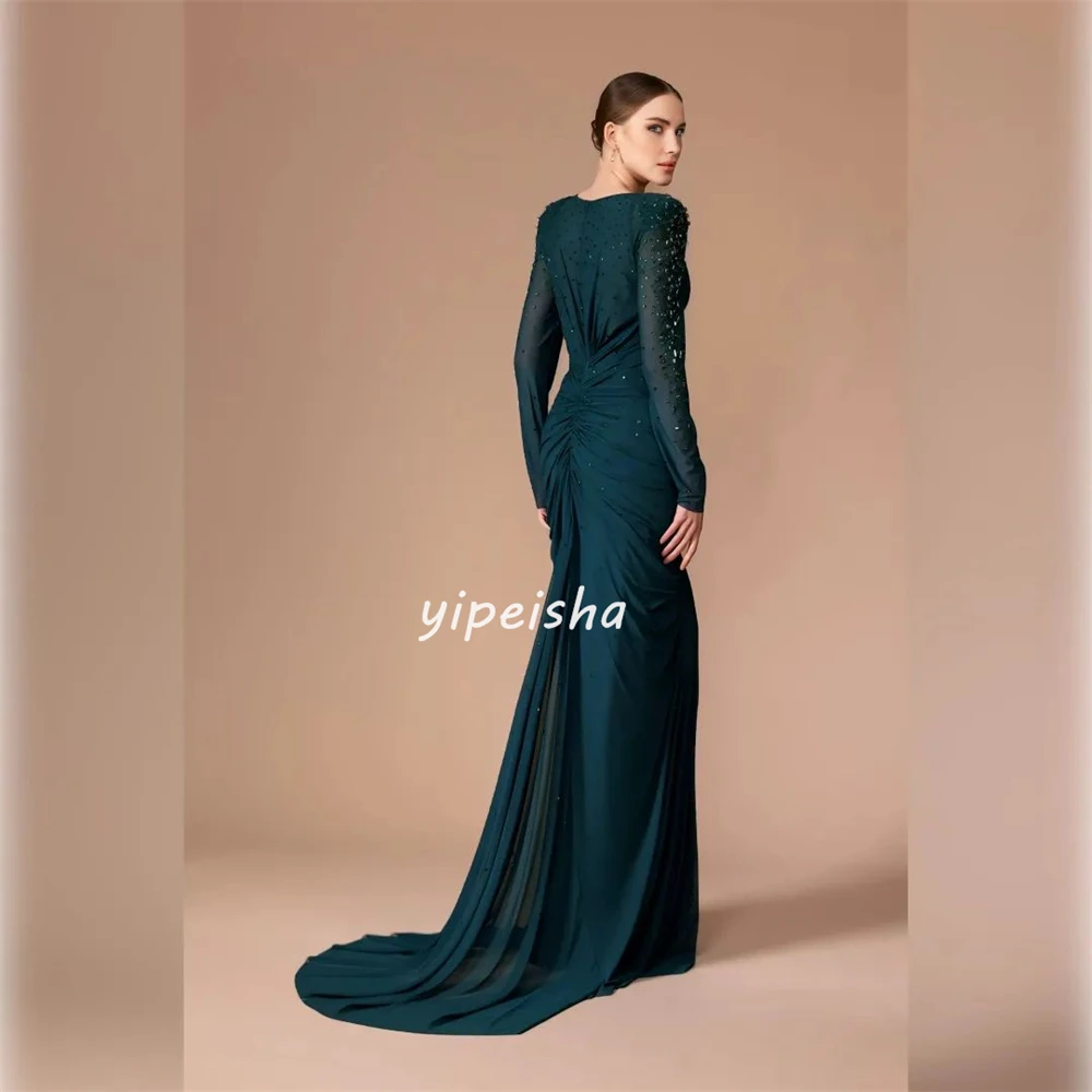 Customized Elegant Jersey Sequined Ruched A-line V-neck Long Dresses Evening Dresses Exquisite High Quality Sexy Sparkle Sizes A