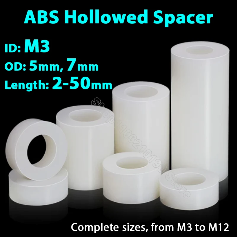 

30-500pcs M3 White Nylon ABS Non-Threaded Spacer Round Hollow Standoff Plastic Hollowed Washer PCB Board Screw OD 5 7mm L=2-50mm