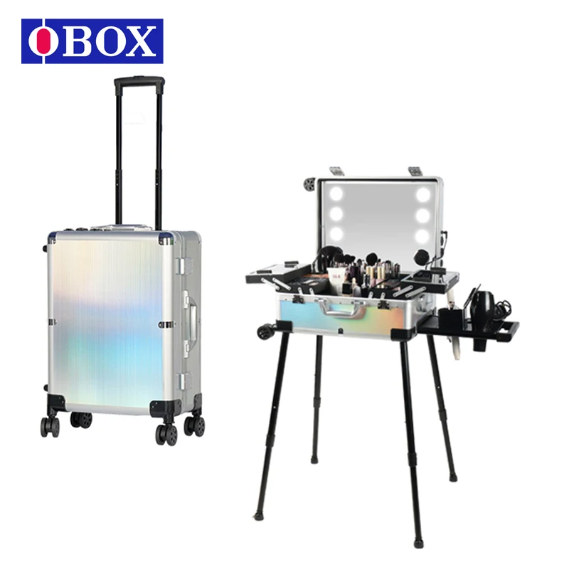 OBOX Professional Vintage Style Lighted Makeup Box Case Cosmetic Cases With Led Light Mirror For Makeup Artist Studio