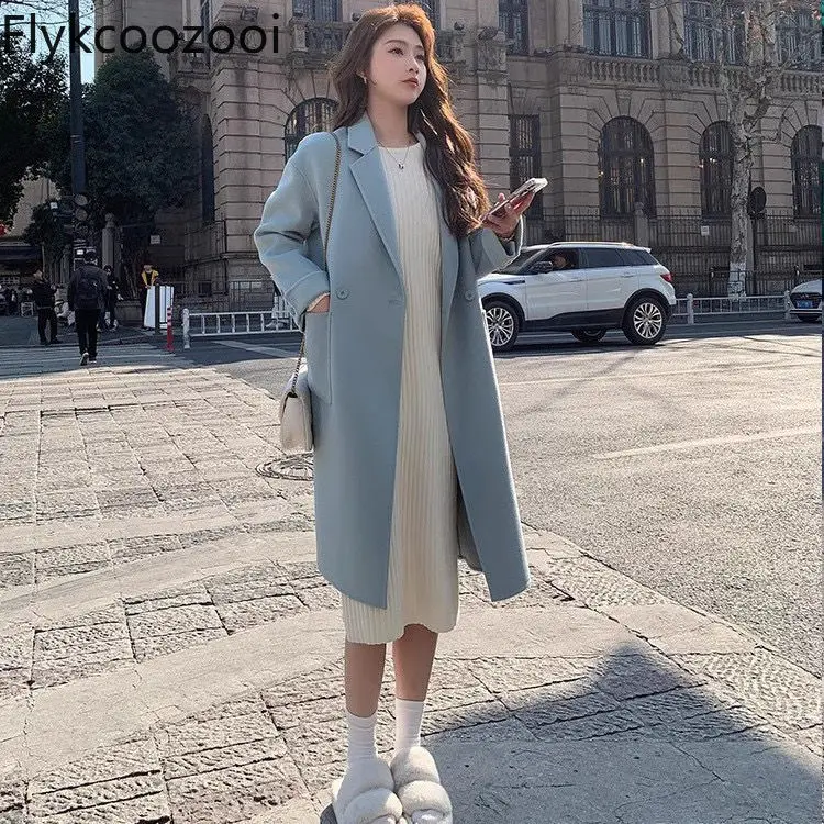 Blue Double-sided Woolen Coat Women's Mid-length 2024 Korean Version of New Autumn and Winter Loose Large Size Tweed Jacket