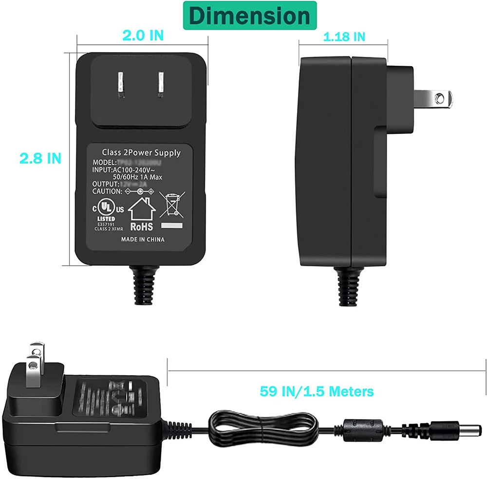 12V 24W AC Adapter Wall Charger, for Christmas Tree LED Strip Light Security CCTV Camera Yamaha Keyboard, with On Off Switch.