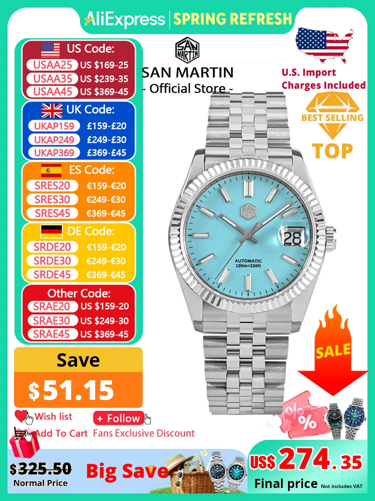 

San Martin 36.5mm Men Dress Watch Top Brand Luxury Automatic Mechanical Fashion Couples Watches Sapphire Waterproof 100m BGW9