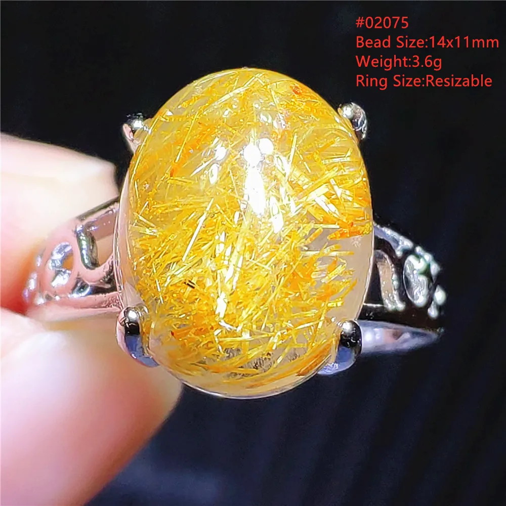 Natural Gold Rutilated Quartz Adjustable Ring Women Men 925 Sterling Silver Wealthy Bead Rutilated Ring Jewelry AAAAAA