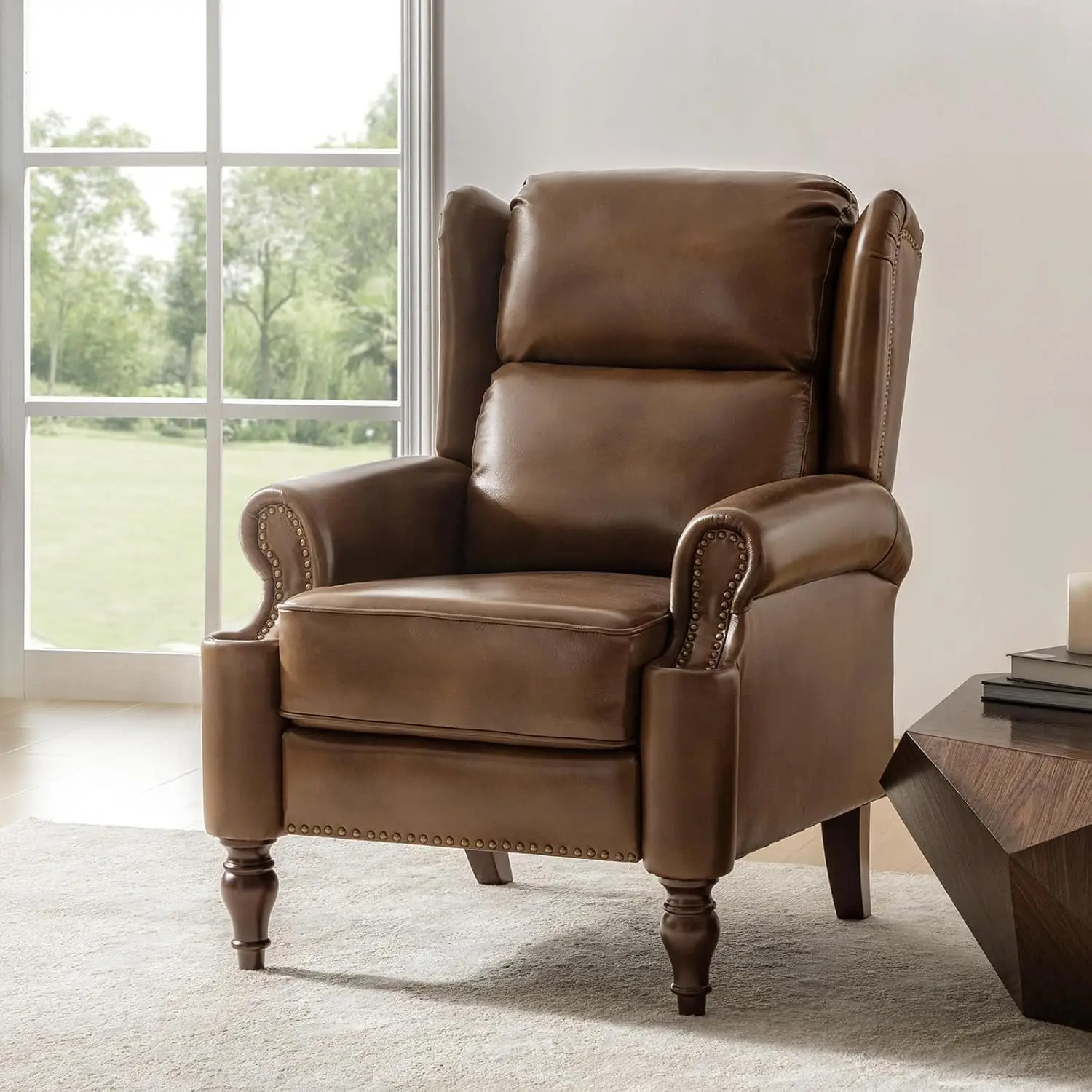 

Genuine Leather Pushback Recliner Chair for Living Room, Mid-Century Modern Lazy Boy Armchair, Nut Brown