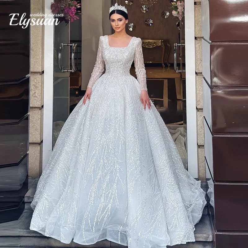 فستان زفاف مخصص مع ياقة مربعة ترتر الأميرة الكرة ثوب طويل الأكمام عارية الذراعين الدانتيل يصل فيستدو دي نوفيا