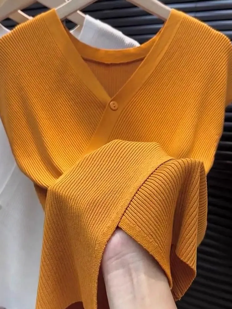 تي شيرت Ele ort Sve بقصة ضيقة باللون البرتقالي، بحاشية غير متماثلة، قميص كوري فضفاض مناسب للصيف غير رسمي #2