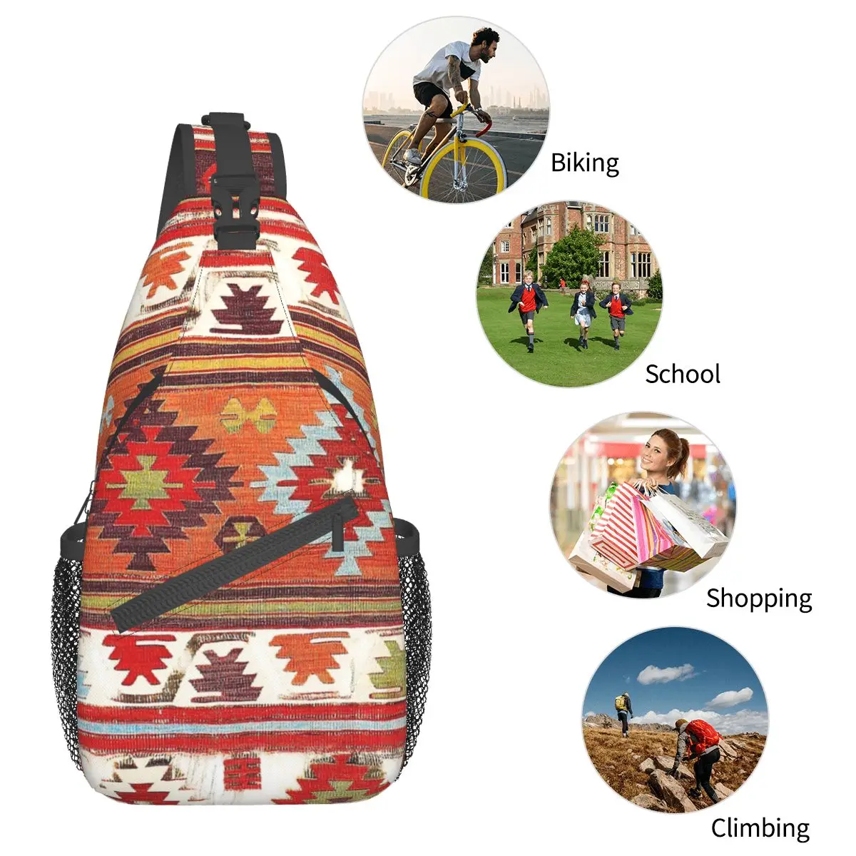 Konya Kilim Crossbody Sling Bag Small Chest Bag Bohemian Turkish Persian Shoulder Backpack Daypack Hiking Outdoor Sports Pack