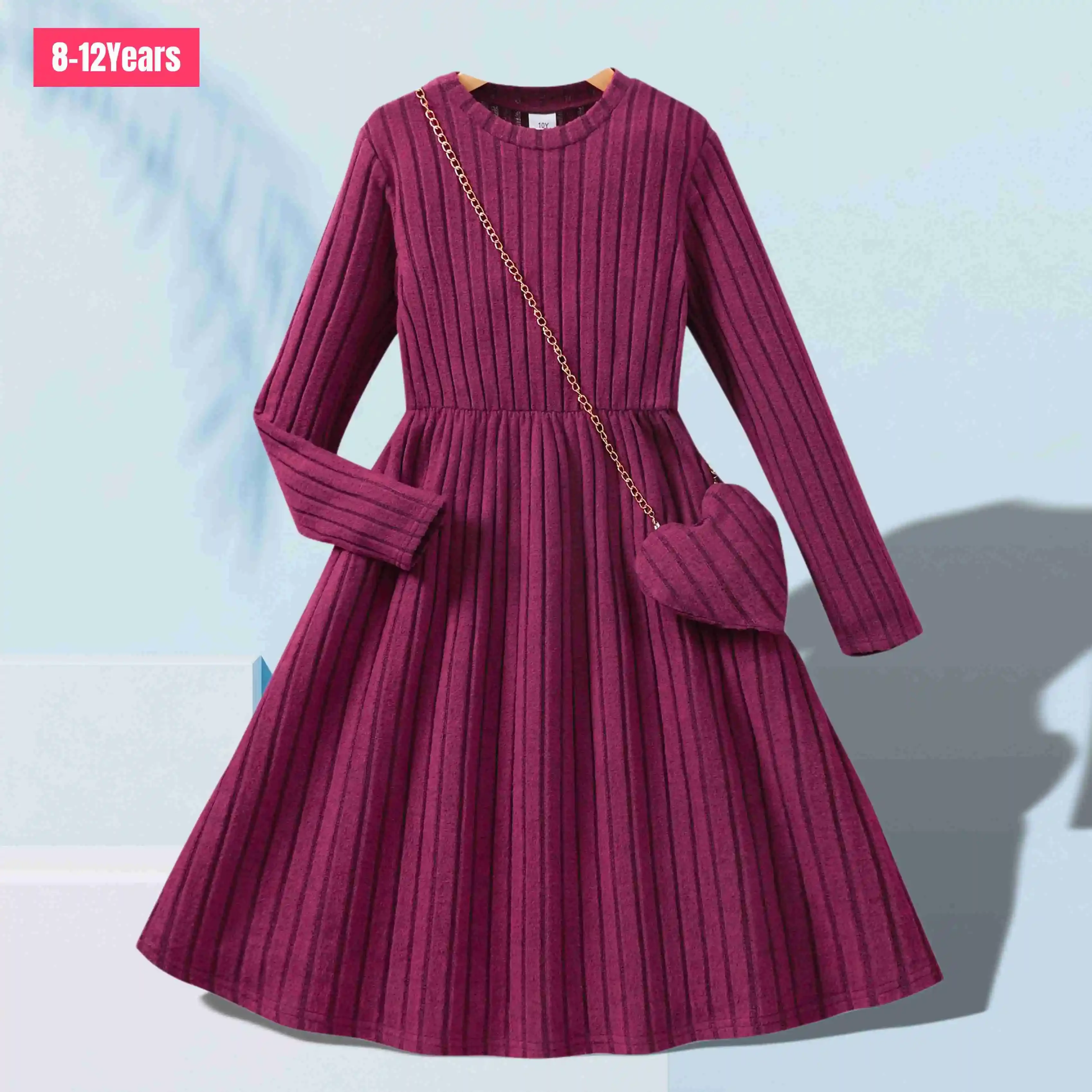 New Christmas New Teen Girls Dress Long Sleeve Red Solid Color Autumn Winter Children Dress Casual Soft Ventilate Girls Clothing