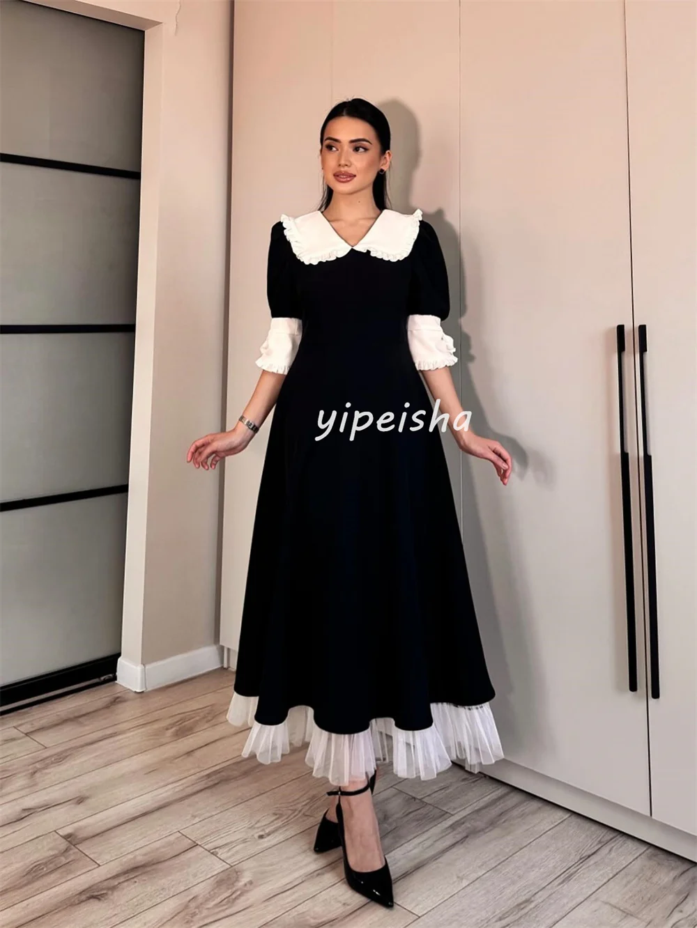 Customized Modern Style High Quality Jersey Pleat Tiered A-line V-neck Midi Dresses Bespoke Occasion Dresses Sizes Available
