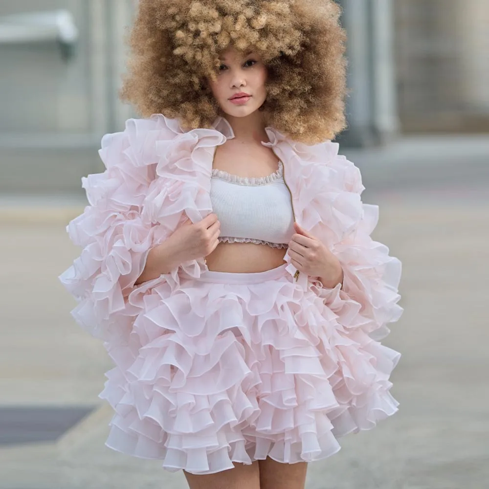 Baby Pink Ruffled Two Piece Set Long Sleeve Layered Women Blouses With Mini Length Fluffy Tutu Custom Made T-shirt Party Dresses