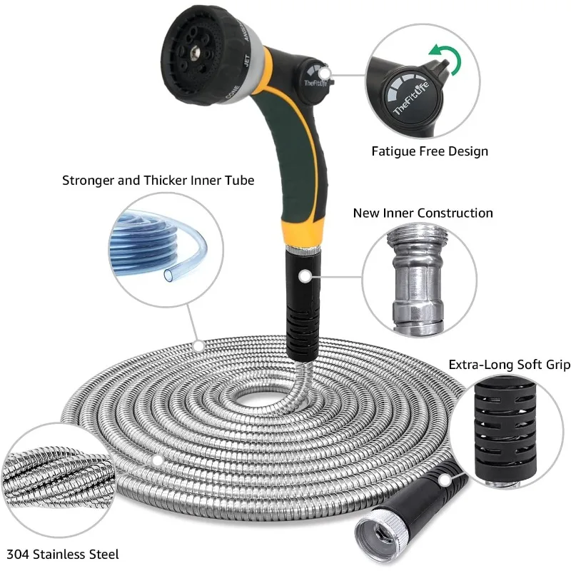 TheFitLife Flexible Metal Garden Water Hose - Upgrade Leak and Fray Resistant Design, Stainless Steel with Solid Fittings