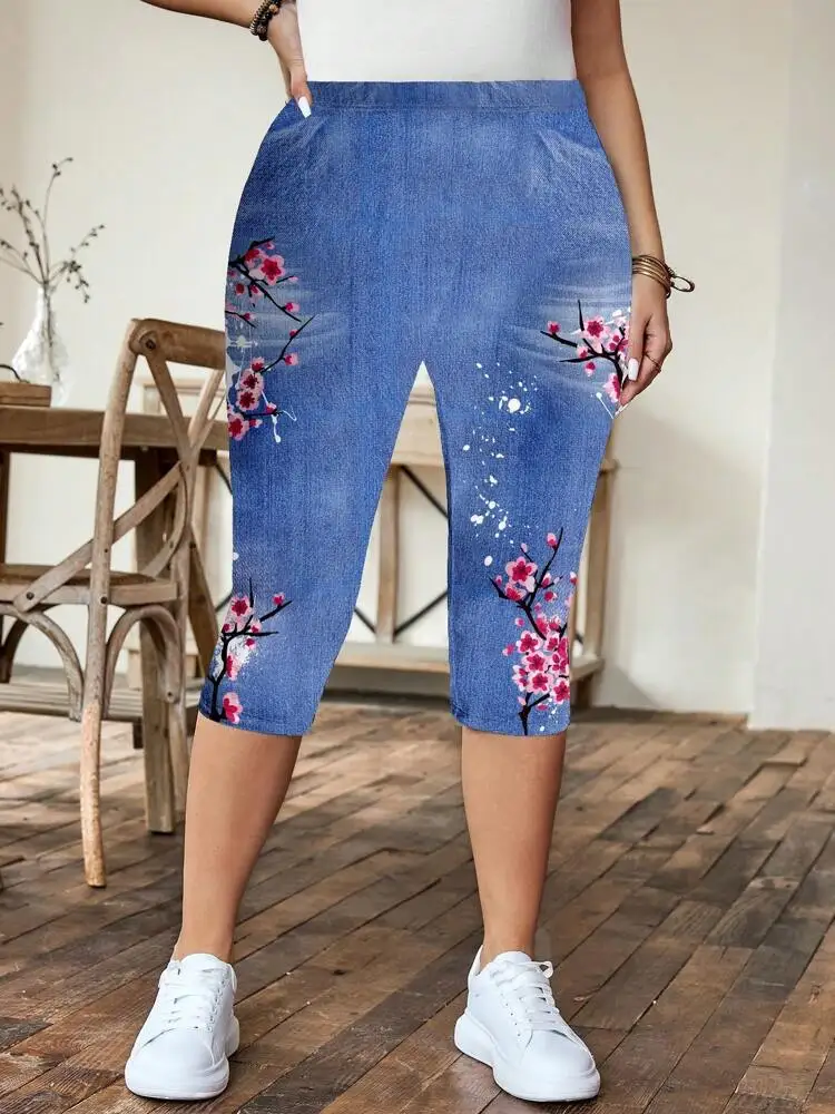 Anti-denim print elastic elastic waist slim-fit women\'s leggings casual skinny capri pants