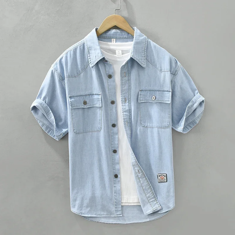 100% Cotton Denim Shirt for Men Summer New Short Sleeve Loose Tops Male Turn-down Collar Cowboy Shirts