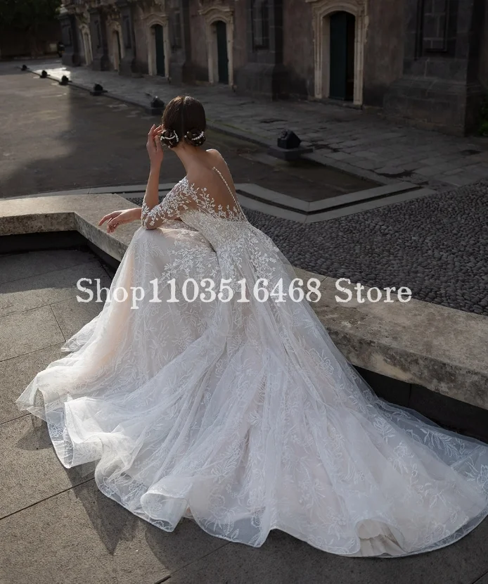 Vestido De novia blanco elegante, manga larga, apliques De perlas, línea A, Formal, personalizado, 2024