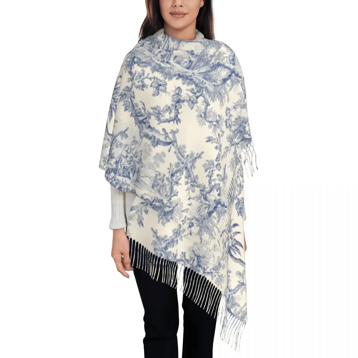 Toile De Jouy Patterns Scarf Women Stylish Winter Shawl Wraps French Motif Tassel 