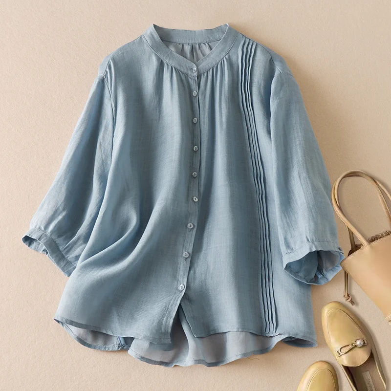 

Women Stand Collar Vertical Pleat Three Quarter Sleeve Button Down Loose Linen Blouse