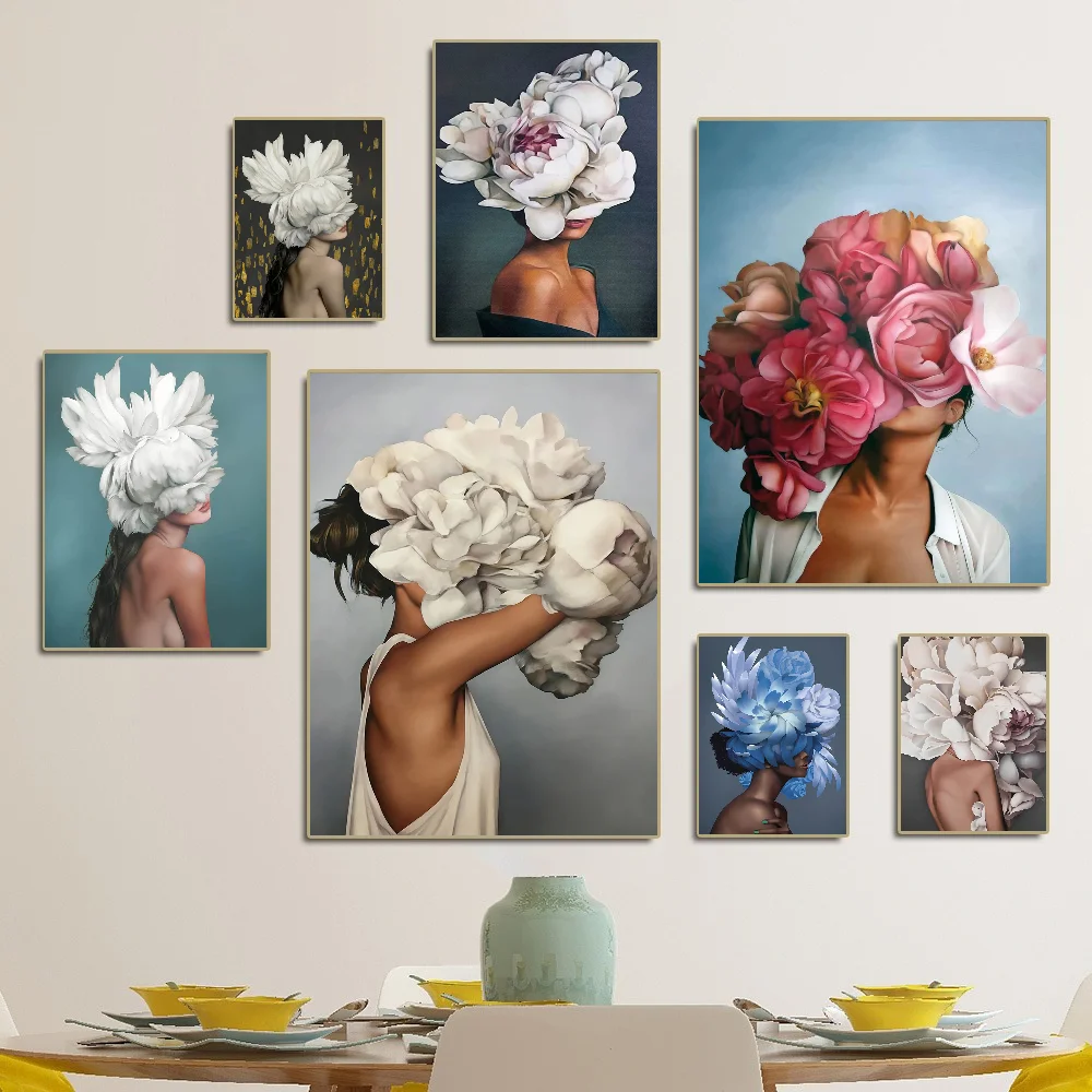 

Abstract Flowers Head Woman Feather Girls Classic Vintage Posters HD Quality Wall Art Retro Posters for Home Room Wall Decor
