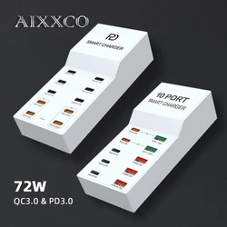 AIXXCO 72W 8 Ports PD QC3.0 USB C Fast Charger Type c Wall Adapter Super Fast Charging For Iphone Samsung Ipad Xiaomi