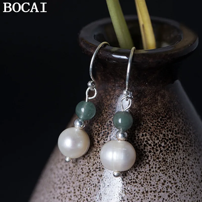 

BOCAI NEW S925 Silver Simple And Fashionable Freshwater Pearls Jade Earrings Women's Gift
