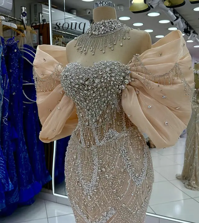 Suknie wieczorowe 2026 Champagne z odkrytymi ramionami, długie, formalne, syrenka, na przyjęcia, z możliwością personalizacji, z kryształami, dla gości weselnych, odzież na imprezy, Abiye