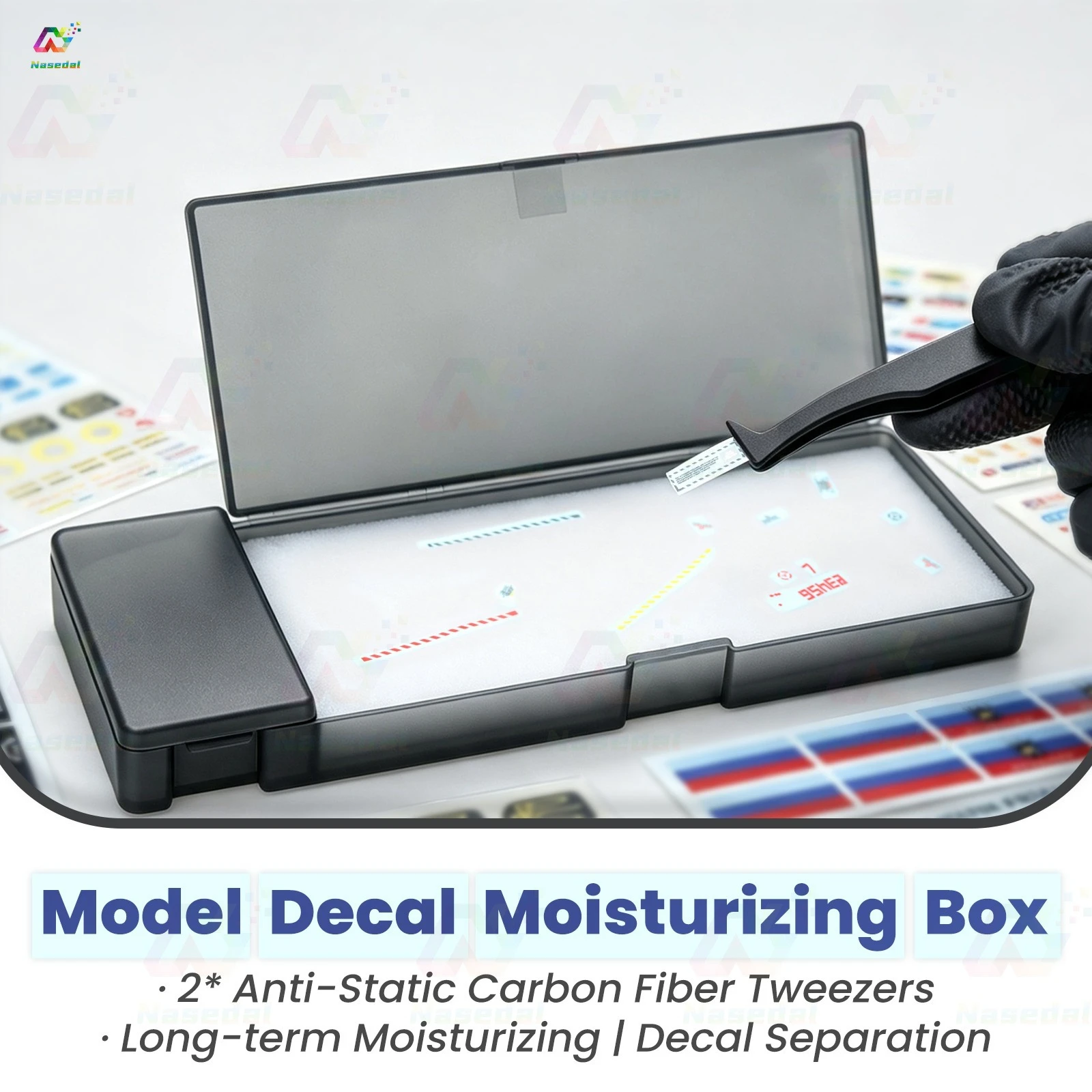 Nasedal Water Transfer Decals Moisturizing Box Anti-Static Carbon Fiber Tweezers for Gundam Military Model DIY Hobby Craft Tool