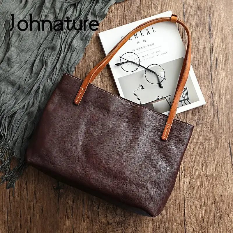 Borsa da donna di grande capacità Tote casual in vera pelle Johnature Borse a tracolla vintage in morbida pelle bovina naturale tinta unita semplice