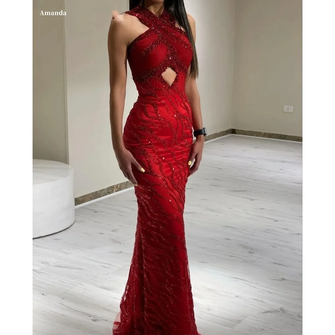 

Amanda индивидуальное красное платье с бретелькой на шее и блестками с вырезом на талии, облегающее платье со шлейфом русалки, элегантное платье для выпускного вечера