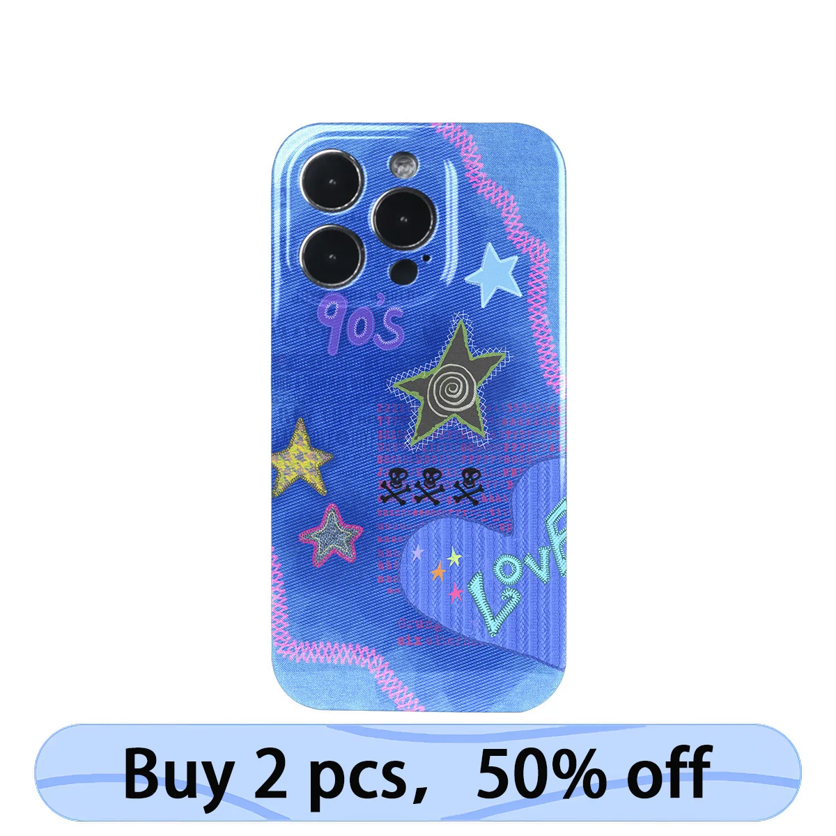 Coque iPhone Art Phone Case Stars Blue Phone Case Vintage Cover 90's Y2K Jeans Look for iPhone 15 14 13 12 11 Pro Max Plus