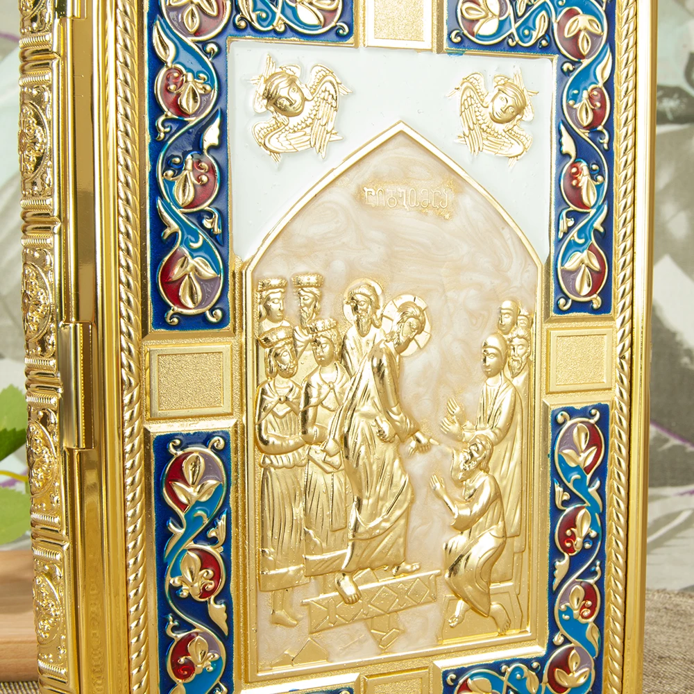 HT Church Supplier Russia Greek Orthodox Holy Bible Book Cover Gold Plated Gospel Cover With Enamel and Jesus Icon Religion Gift