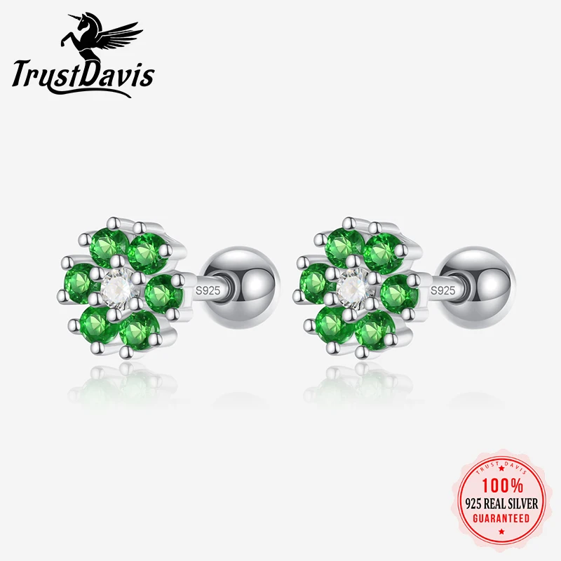 TrustDavis Real 925 Sterling Silver MIni Shiny Flower Screw Stud Earrings for Women Wedding Fine CZ S925 Jewelry DS3875