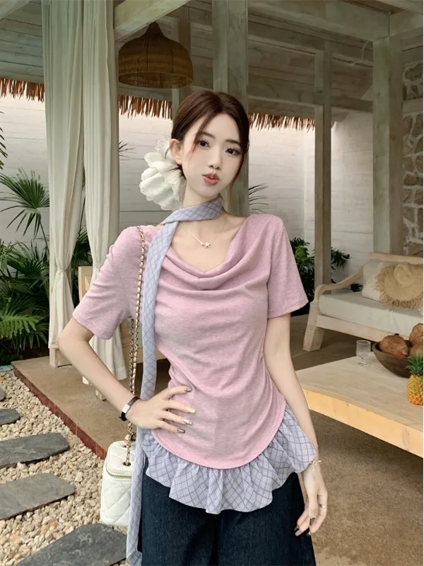 

plus Size Women's Plaid Patchwork Short Sleeve T-Shirt Summer New Style Slimming Versatile Design Collar Top Korean Style Com...