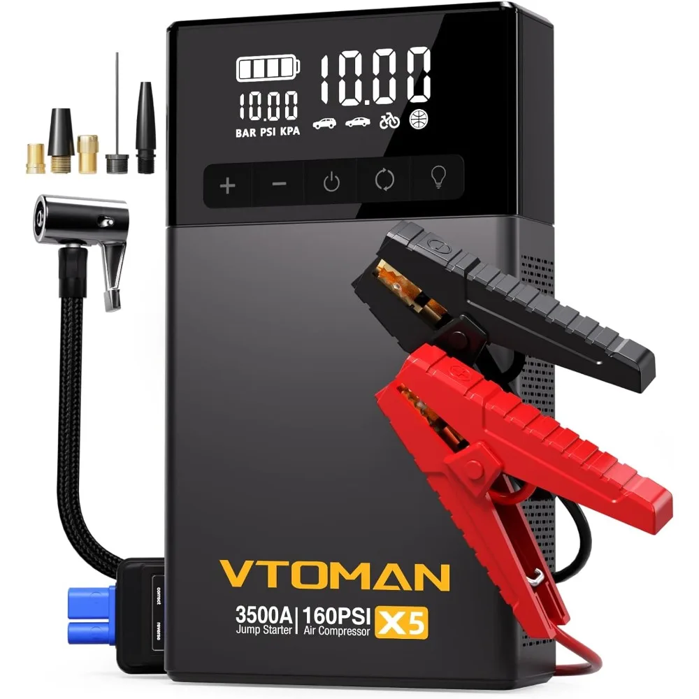 

Portable Car Battery Jump Starter 3500A with Air Compressor 160PSI Tire Inflator for 9L Gas 8L Diesel Engines Type C Quick