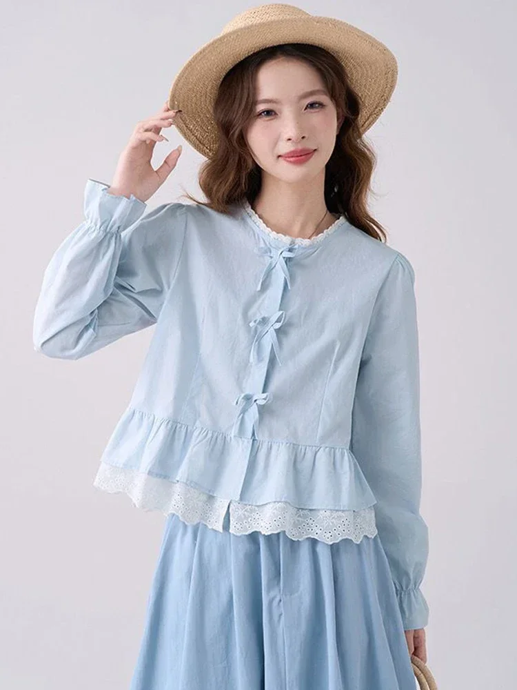 

Cute Bow Sweet Shirts Women Korean Fashion Lace Patchwork Blue Blouse Preppy Style Casual Elegant Female Long Sleeve Tops