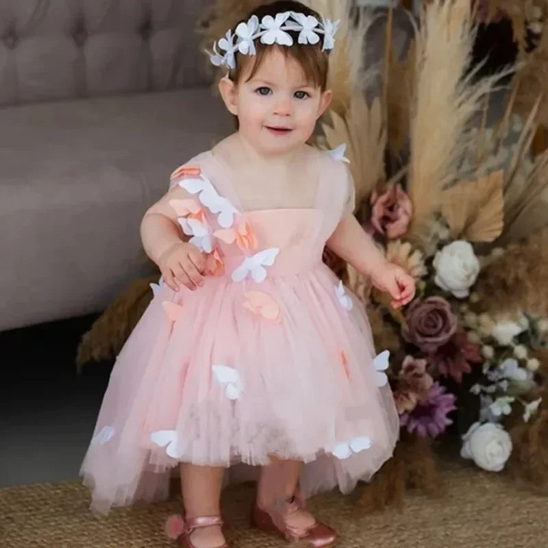 

Cute Flower Girl Dress Asymmetrical Length Butterflies Princess Baby Girl Prom Dress for Wedding Birthday Party Evening Gown