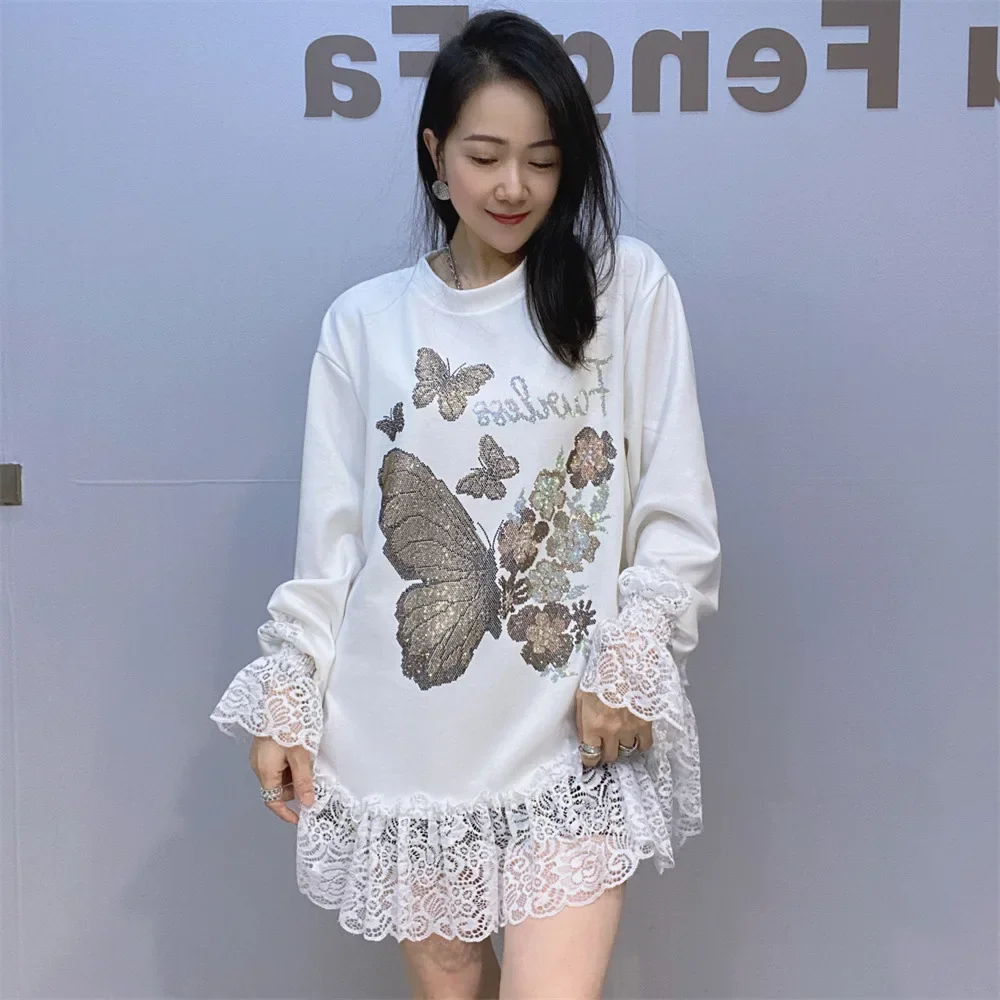 Hot Drilling Knitted O Neck Long Sleeve T-shirts Women Clothes Summer Butterfly Diamonds Lace Side Space Cotton Loose T Shirts